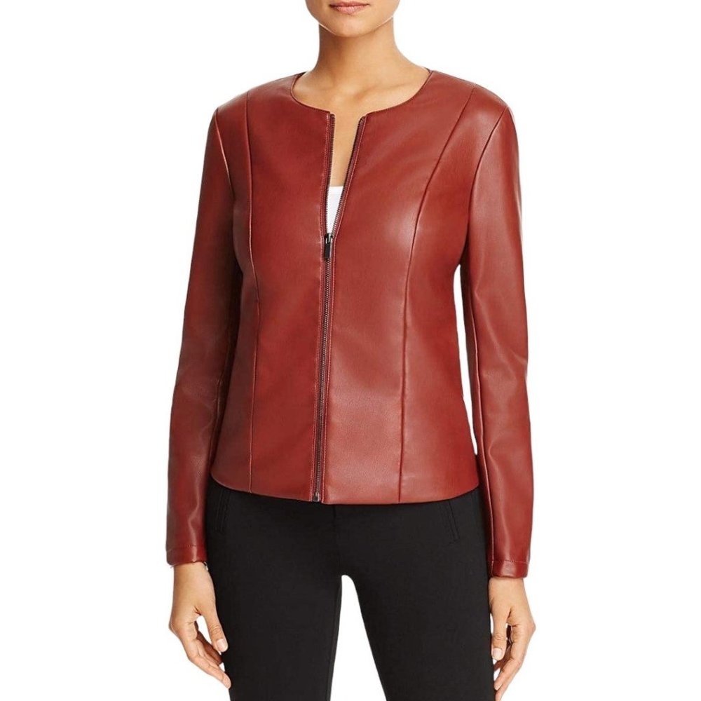 Bagatelle NEW Women's Faux-Leather Scuba Moto Jacket Paprika Red /Spice Orange L